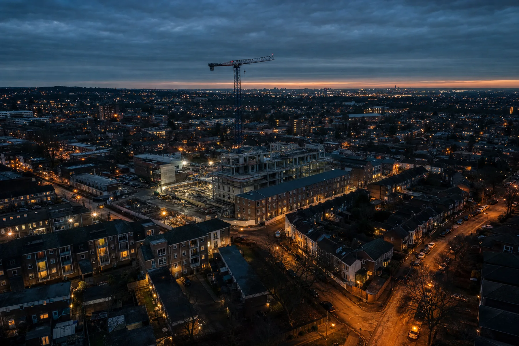 Wide aerial view over a London development site at dusk with streetlights coming on