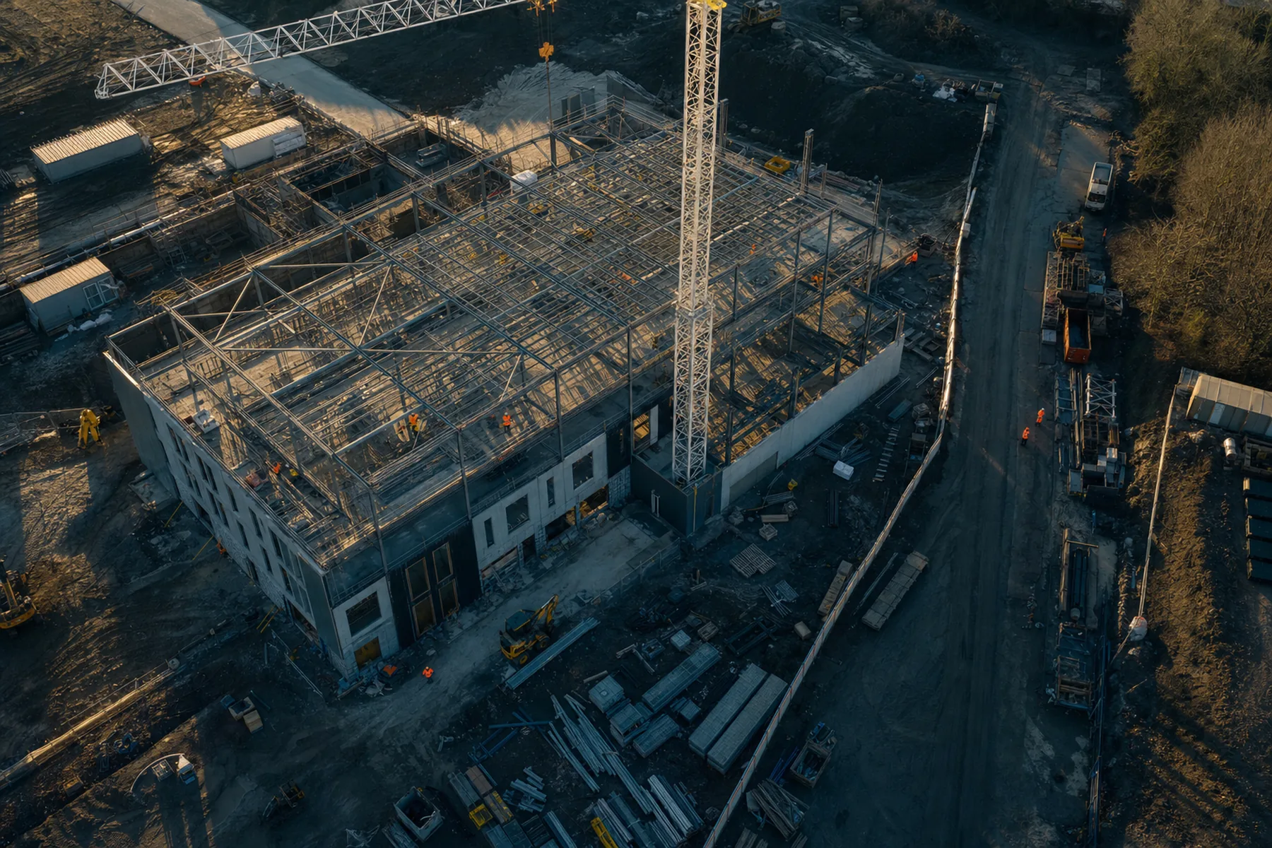 Construction site from the air showing steel frame, materials laydown and site access road